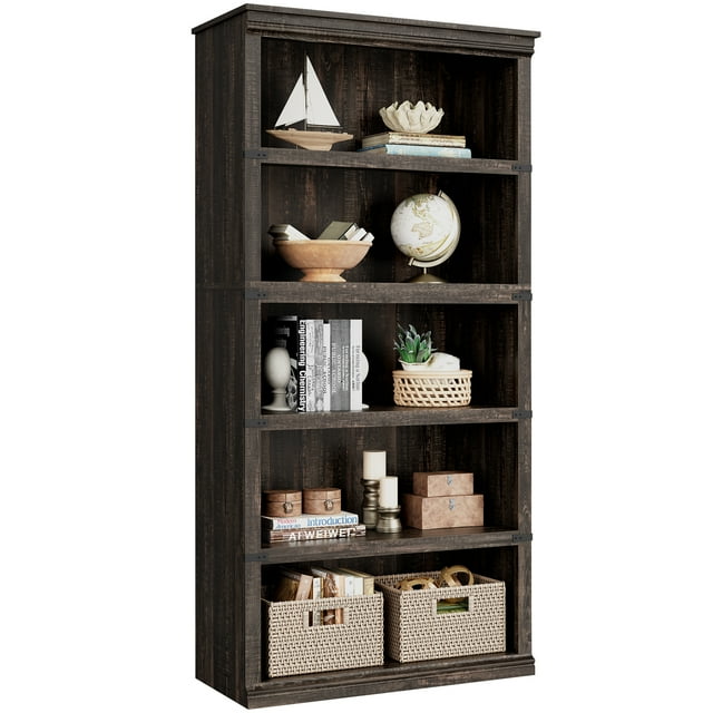 Librero de 5 niveles estilo granja, estantería de madera con almacenamiento abierto, 67.4" de altura