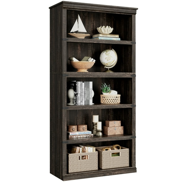 Librero de 5 niveles estilo granja, estantería de madera con almacenamiento abierto, 67.4" de altura