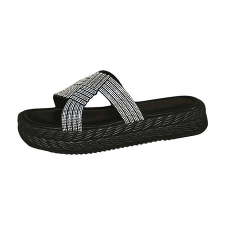 

Pyhlmscde Womens Sandals Summer Casual Shoes Open Toe Slip On Slides Thick Bottom Rhinestone Strap Beach Slippers Comfy Walking Sandal
