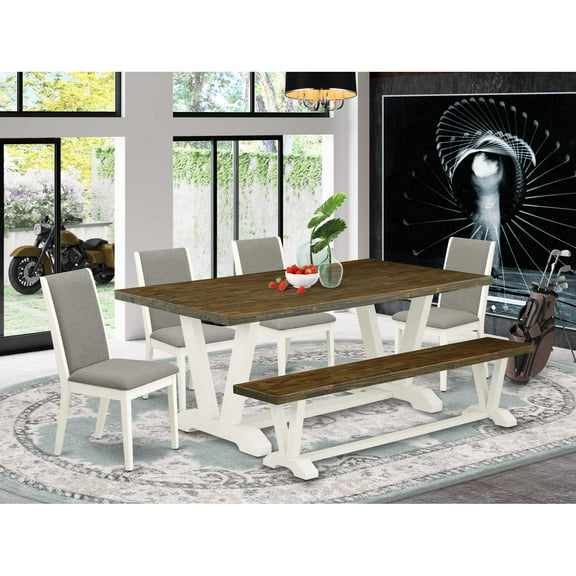East West Furniture V077LA206-6 6-Piece Amazing Dining Table Set an Outstanding Distressed Jacobean Wood Table Top and Distressed Jacobean Wooden Bench Indoor and 4 Gorgeous Linen Fabric Parson...