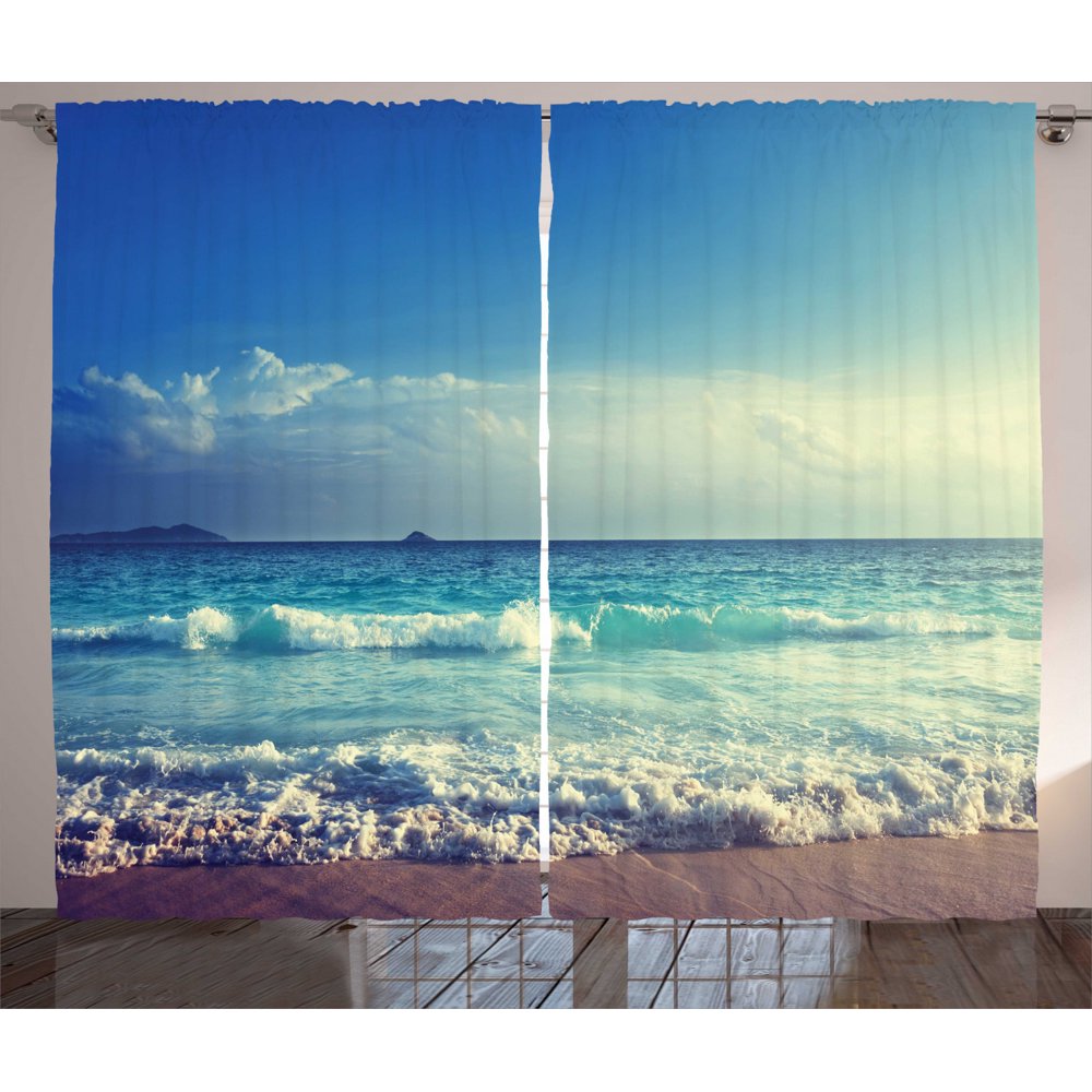 Ocean Decor Curtains 2 Panels Set, Tropical Island Paradise Beach At Sunset Time With Waves And