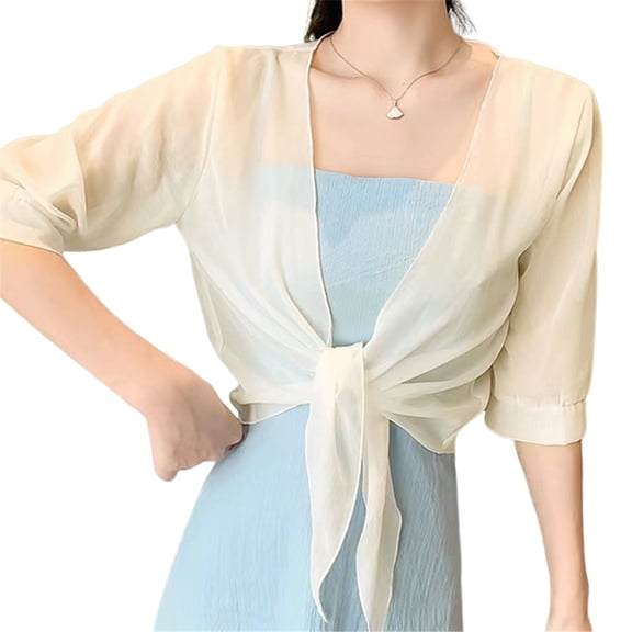 Womens Boleros Shrug Soft Chiffons Shawl Wrap Sheer Short Sleeve Open Front Tie Cropped Cardigans