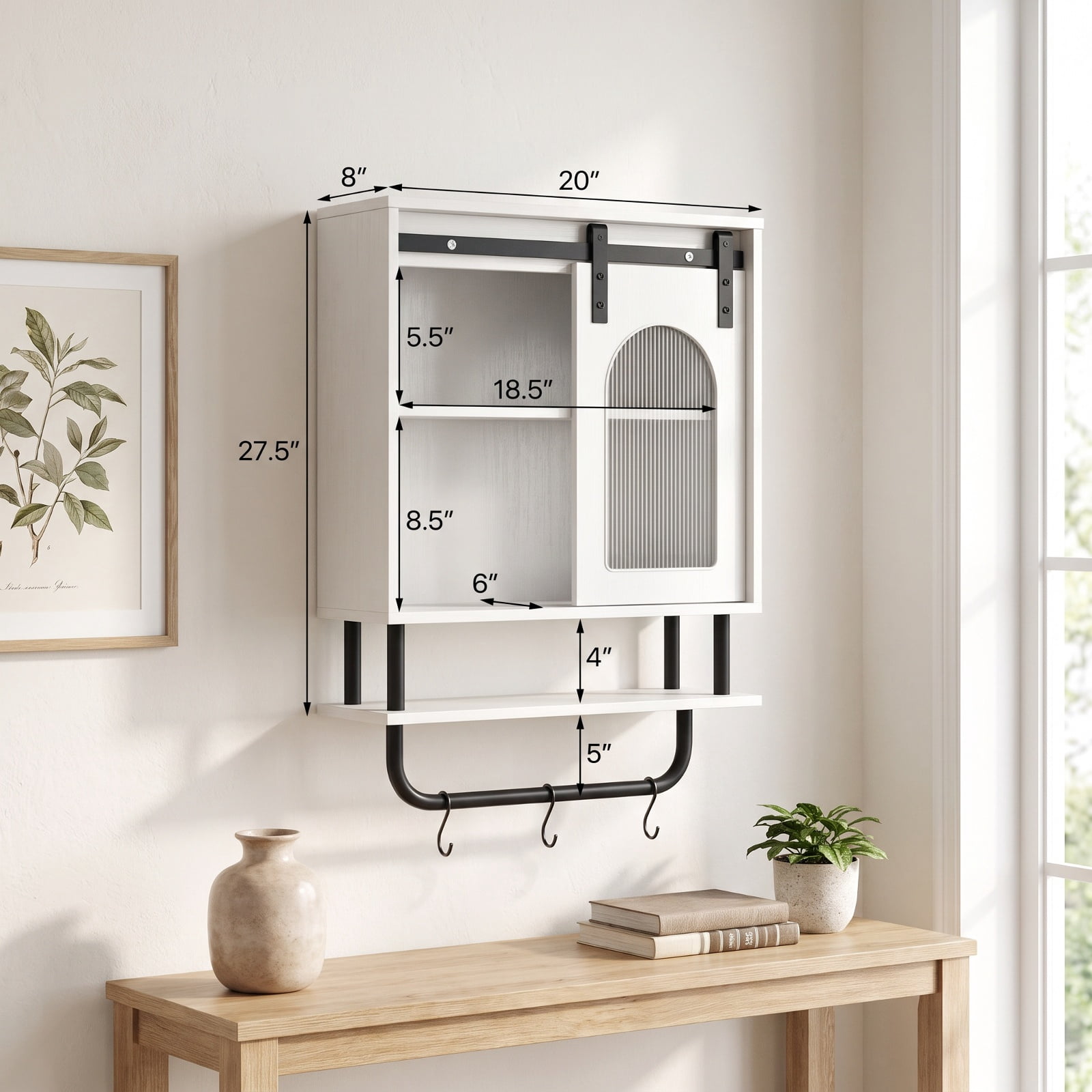 Vebreda Bathroom Wall Cabinet with Sliding Barn Door and Metal Hanging Bar with 3 Hooks, Stylish Farmhouse/Industrial Charm, Secure Wall Mounting