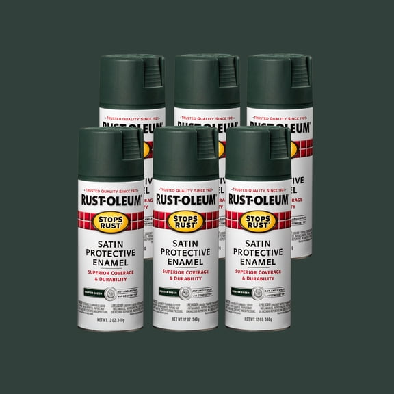 6 Pack, Hunter Green, Rust-Oleum Stops Rust Satin Protective Enamel Spray Paint-7732830, 12 oz
