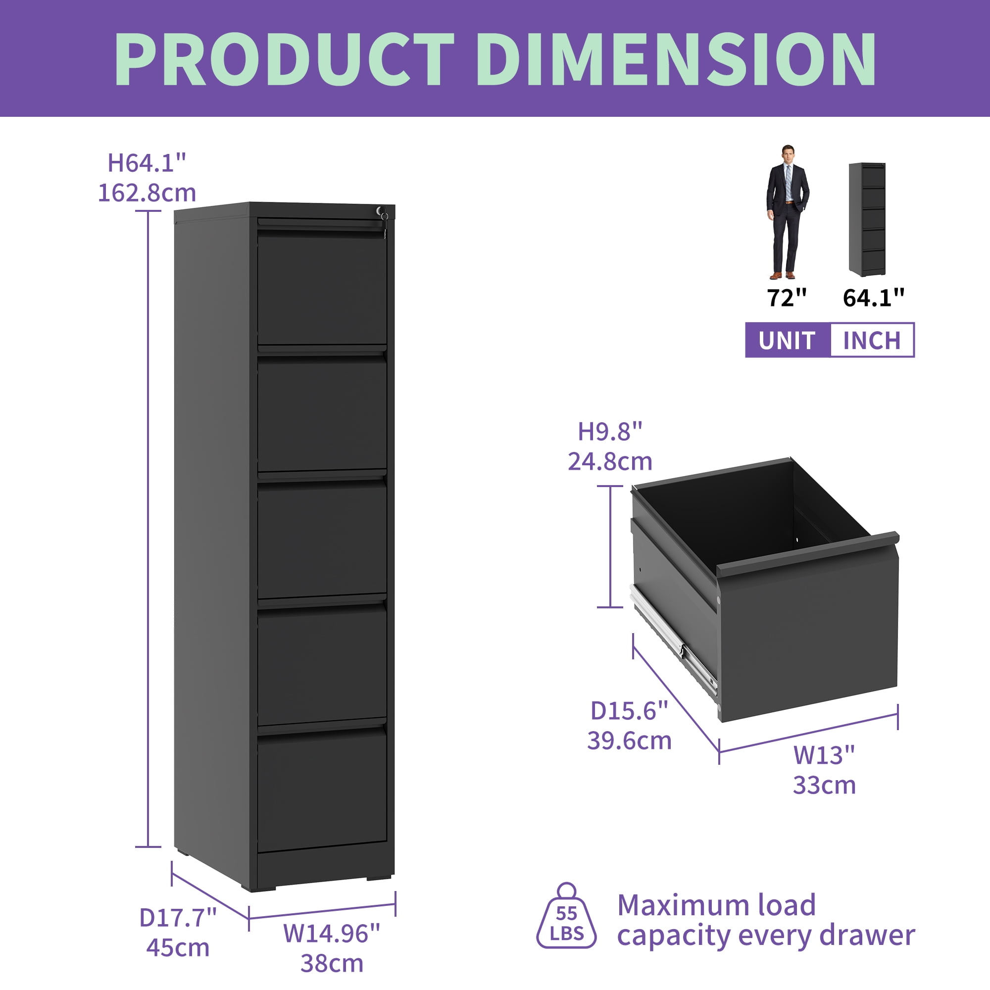 5 Drawer Metal Vertical File Cabinet with Lock Office Home Steel Vertical File Cabinet for A4 Legal/Letter Size