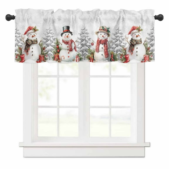 Christmas Valances for Windows Winter Snow Scene Snowflakes Snowman Mistletoe Rod Pocket Curtain Valance Window Treatment Short Curtains for Kitchen Living Room, 60"x18"