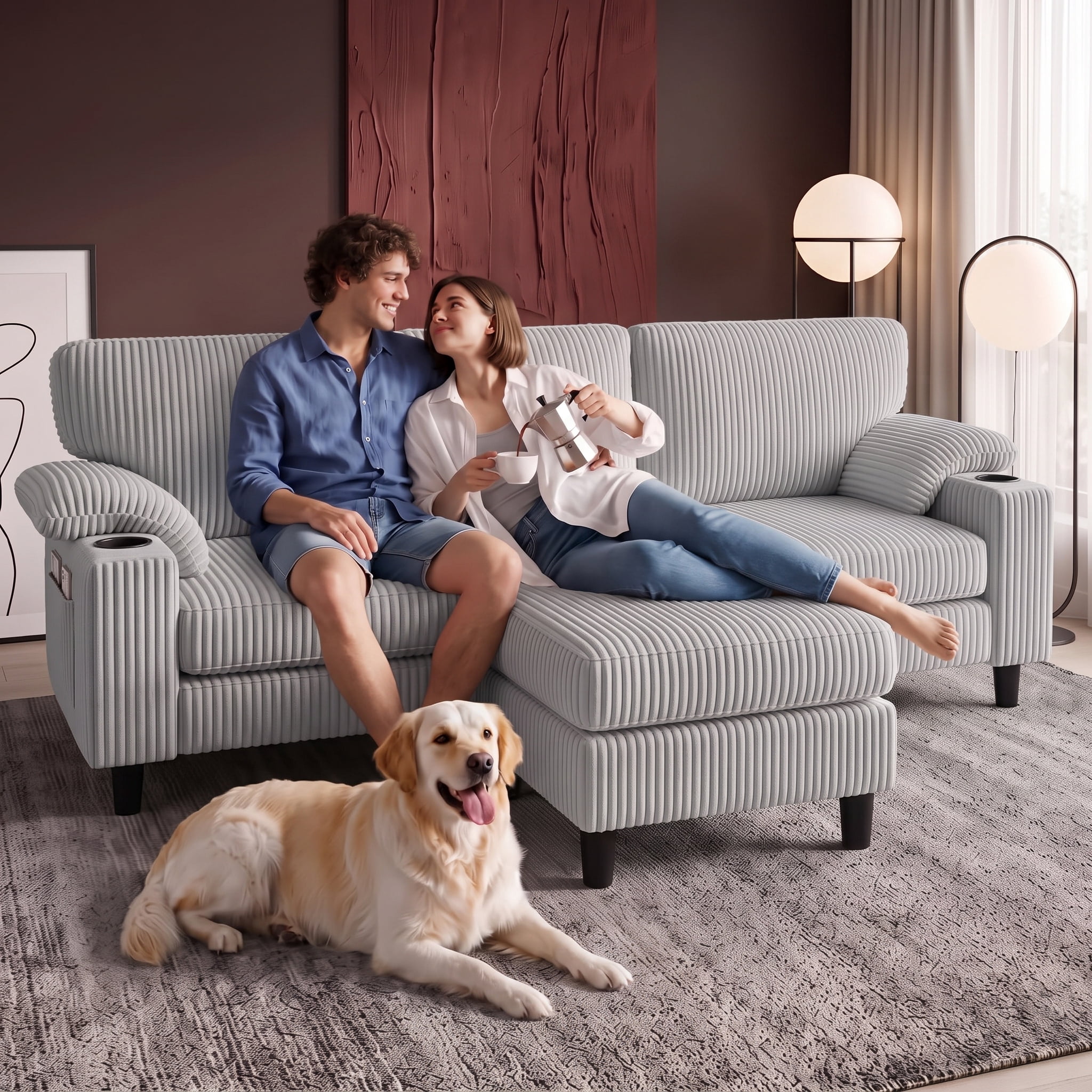 Xiweot 80" L Shaped Sectional Sofa, 3 Seater Convertible Couch with Storage Ottoman, Charging Ports & Cup Holders, Corduroy Comfy Upholstered Sofa for Living Room Apartment, Light Gray
