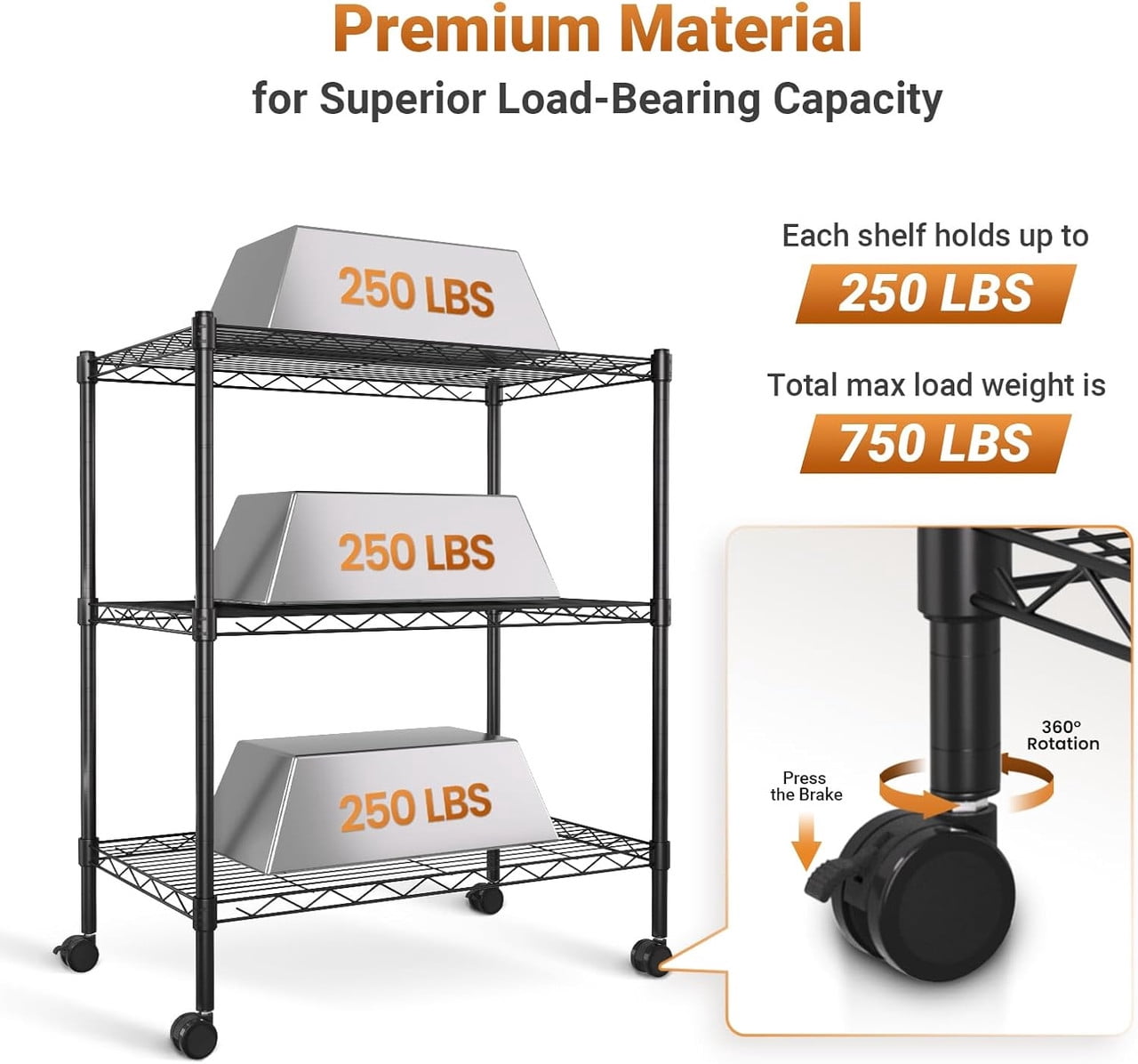 3-Tier Heavy Duty Storage Shelves 750Lb Capacity, 24.02" D x 13.78" W x 31.98" H Shelving Unit for Pantry, Garage, Laundry and Kitchen, Black