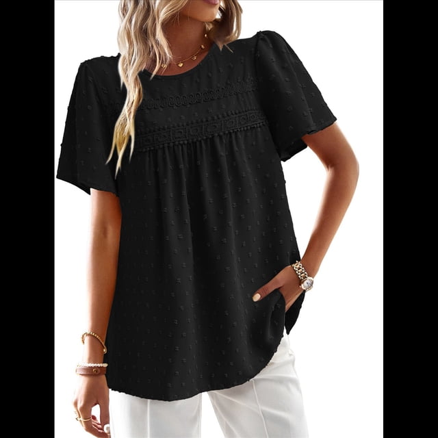 Blusas de Verano para Mujer, Cuello Redondo, Corta, Blusas Casuales de con Dobladillo de Encaje Fluido, Ropa de Moda 2025 Negro M