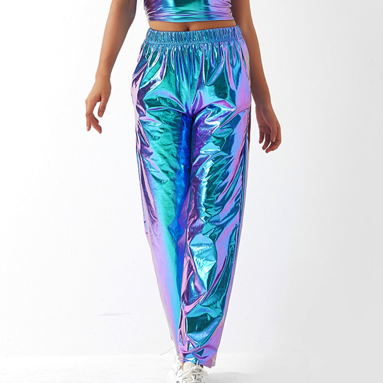 YYDGH Shiny Metallic Pants for Women Elastic High Waist Wide