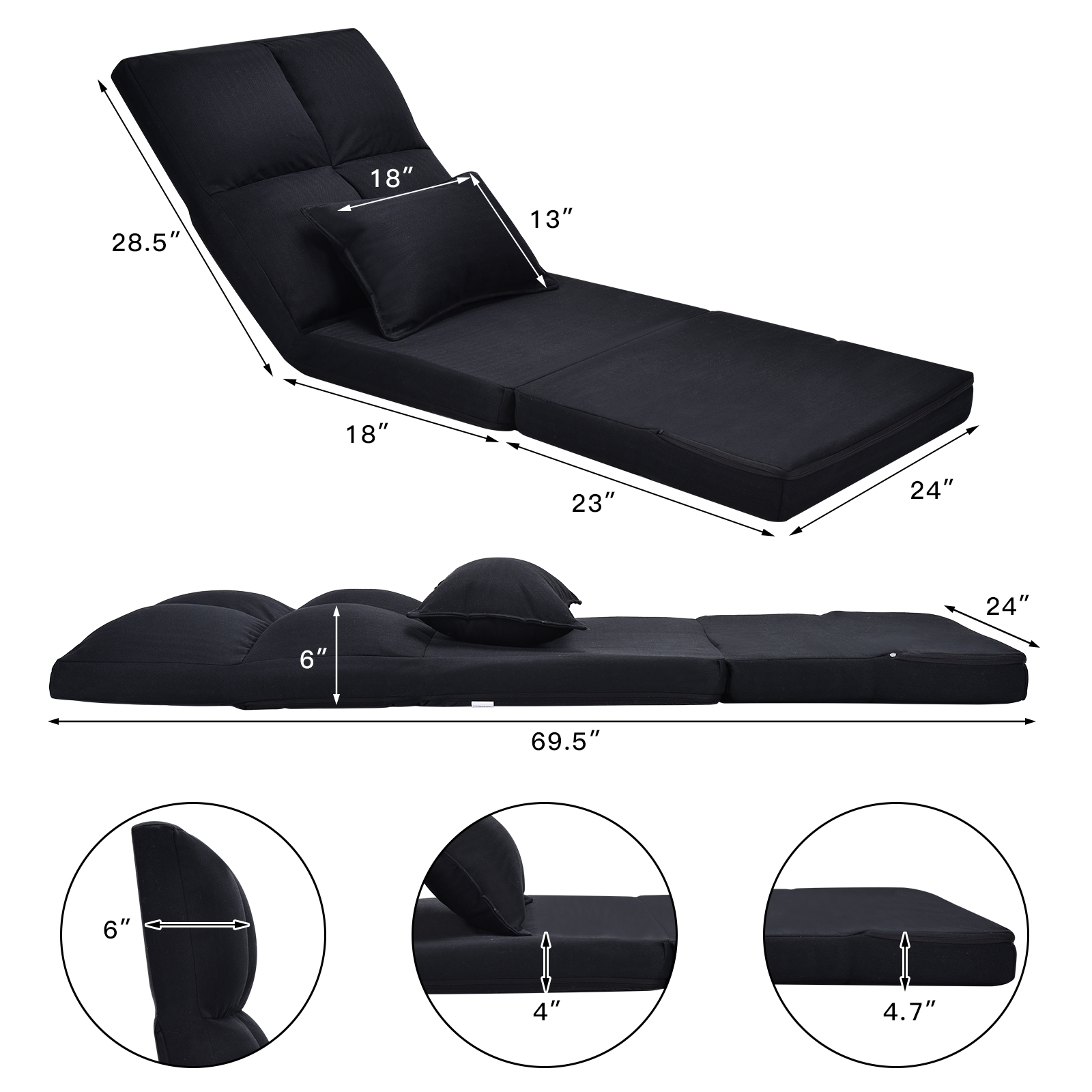 Costway Floor Folding Sofa Chair Lounger 6 Positon Adjustable Sleeper ...