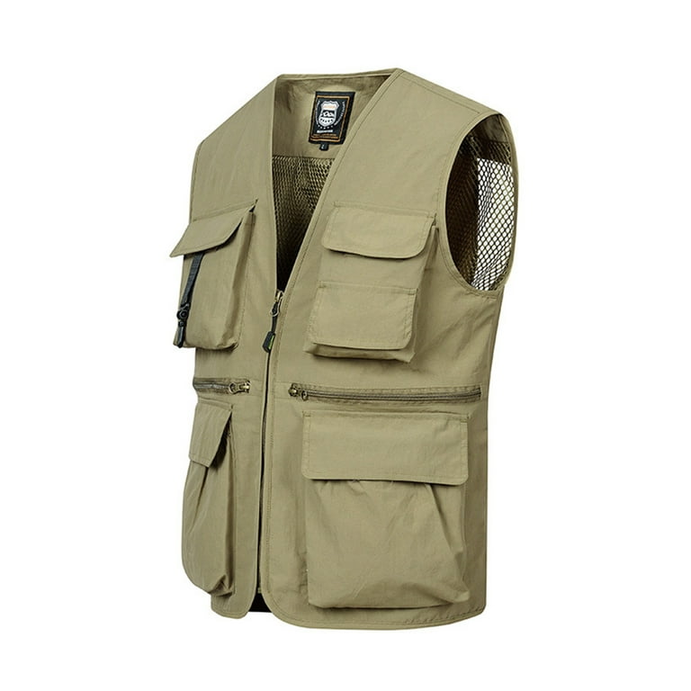 Frontwalk Mens Cargo Vest With Multi-Pockets Vests Jacket Sleeveless  Waistcoat Men Lightweight Outwear V Neck Khaki S