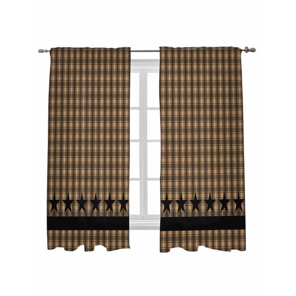 Brown Black Plaid Curtains 63 Inch Length, Sheer Curtains for Bedroom Living Room Window Vintage Rustic Star Buffalo Check Rod Pocket Voile Drapes Kitchen Curtains Small Half Window 42"x63" 2 Panels
