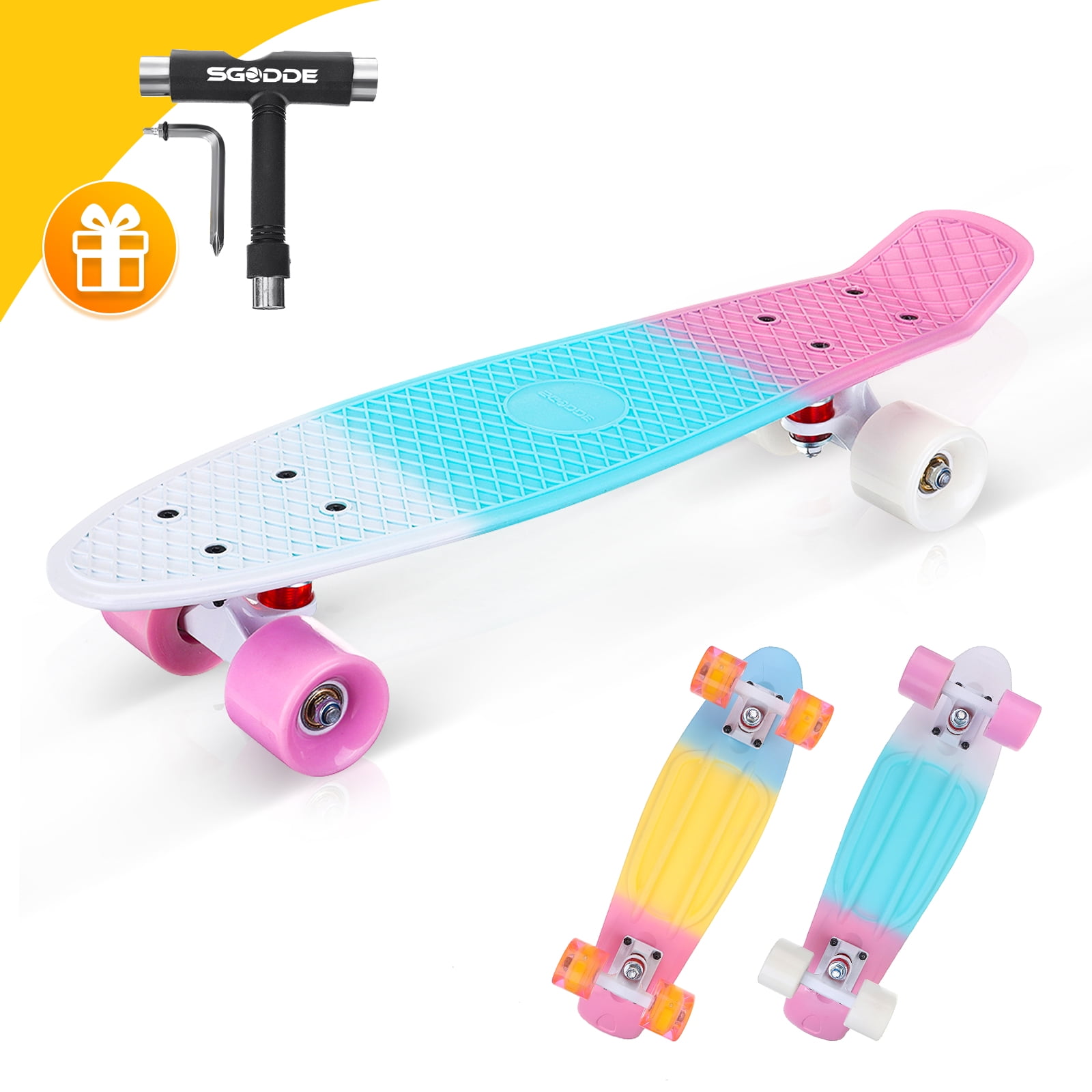 Skateboard for Kids Ages 6-12, SGODDE  Longboard Skateboards, 22" Mini Cruiser Skateboards with LED Wheels for Beginners Girls Boys Teens