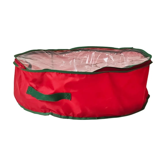 Cinvoph Christmas Wreath Storage Bag Heavy Duty Garland Organizer with Zippered Top & Two Reinforced Handles, Clear Window Reusable Dustproof Fabric Keeps Wreath Clean Dry 24"x8" Red