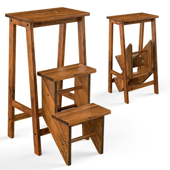 Costway 3 Tier Folding Step Stool 3-in-1 Rubber Wood Ladder Storage Shelf Coffee