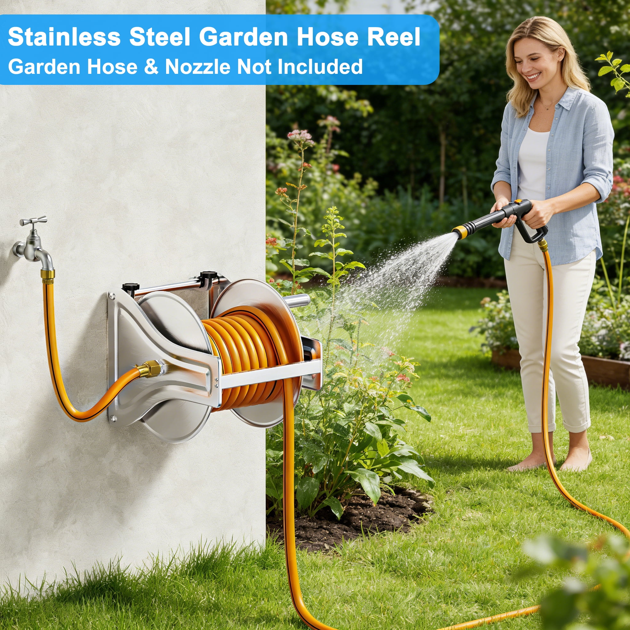 FANHAO Wall Floor Mounted Garden Hose Reel, Outdoor Heavy-Duty Water Hoses Holder Winder, Holds 125 Ft of 5/8-Inch Hose, Brass Fitting (Hose Not Included)