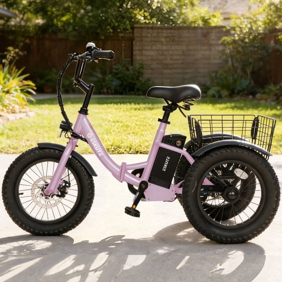 ESKUTE Electric Tricycle for Beginners, 16" x 3.0 Fat Tire Folding 3-Wheel E-Bike, 500W Peak Motor, 302Wh Battery, Step-Thru Design, 12.5 MPH, Pink