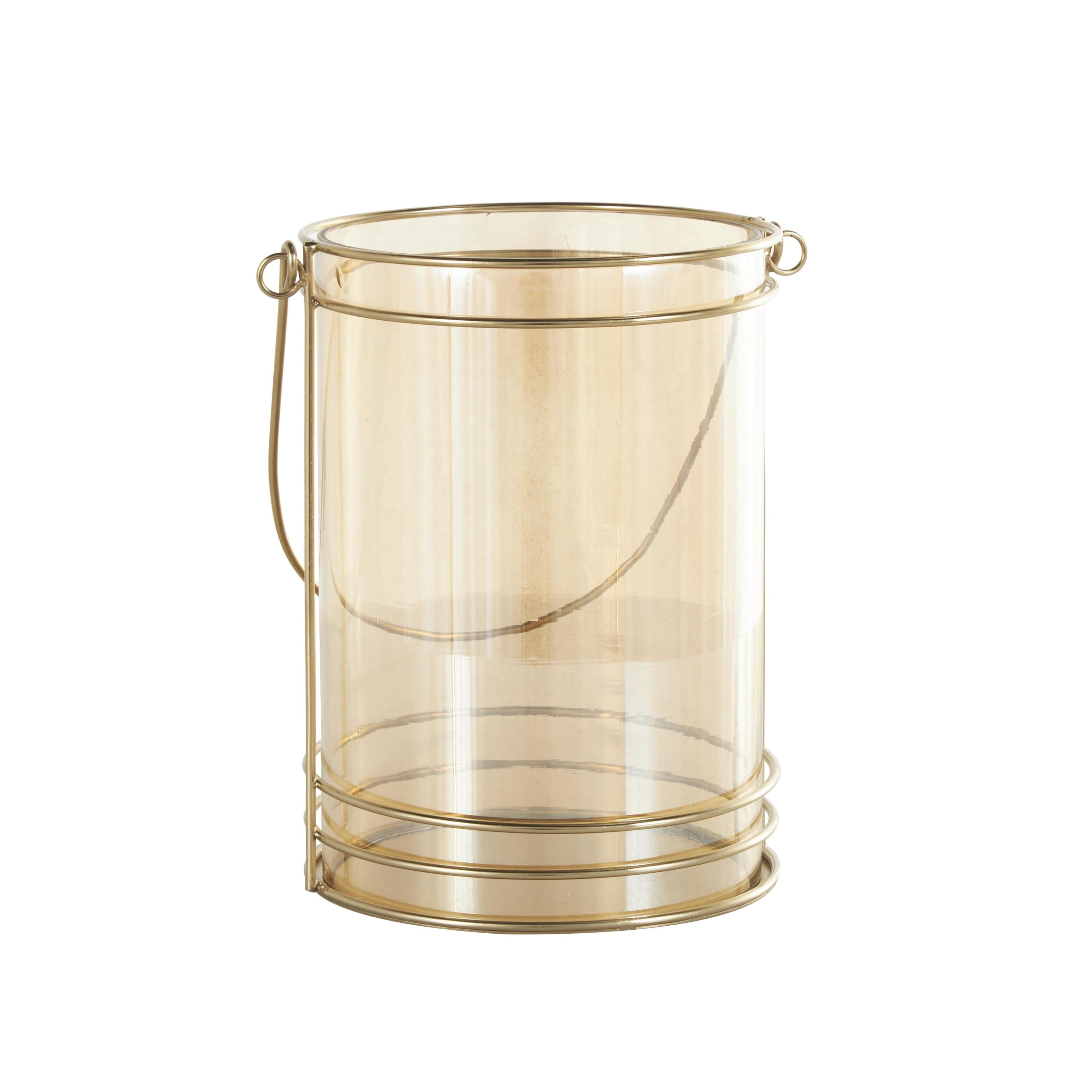 DecMode Gold Metal Candle Lantern with Thin Circular Rods and Tinted Glass