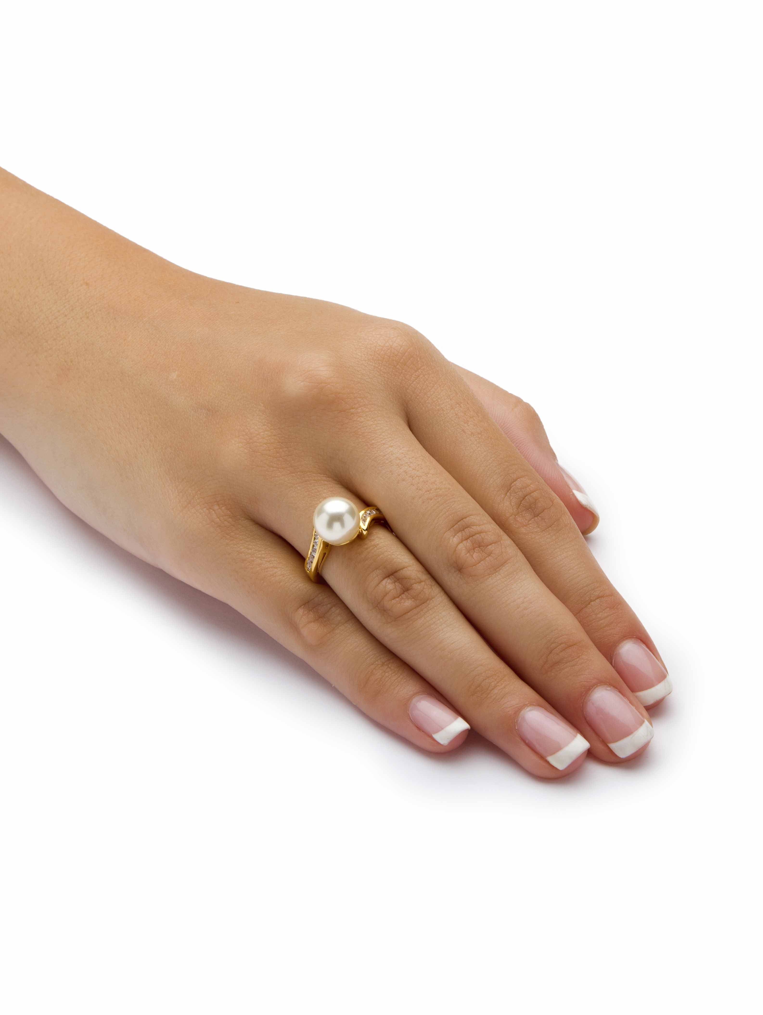 PalmBeach Jewelry .16 TCW Round Simulated Pearl and Cubic Zirconia Accent Yellow Gold-Plated Ring (9.5mm)