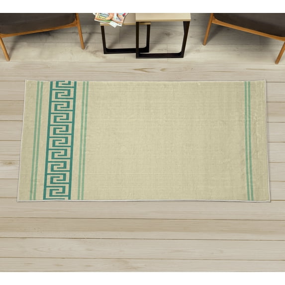 Abstract Decorative Rug, Simplistic Classic Greek Inspired Pattern in Monochrome Design, Quality Carpet for Bedroom Dorm and Living Room, 6 Sizes, Ivory and Teal, by Ambesonne