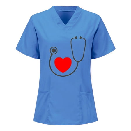

Women Scrubs Top Floral Printed O Neck Fashion Valentine s Day Short Sleeve Soft Breathable With Pocket Spring Summer Daily Nursing Uniforms Nursing Care Working Uniforms