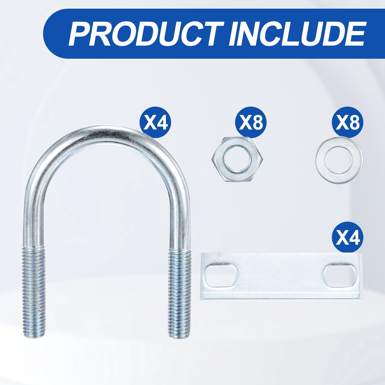 U Bolts 4 Sets (3/8"(M10)x1.96"x3.54"), Round U Bolt Kits Carbon Steel with Accessories - for Construction, Pipe, Trailer, Automotive, Leaf Spring Fastener