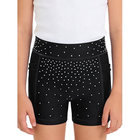 inhzoy Kids Girls Sparkle Dance Short Pants Glitter Hot Pants Rhinestone Athletic Gymnastics Hip Black 10