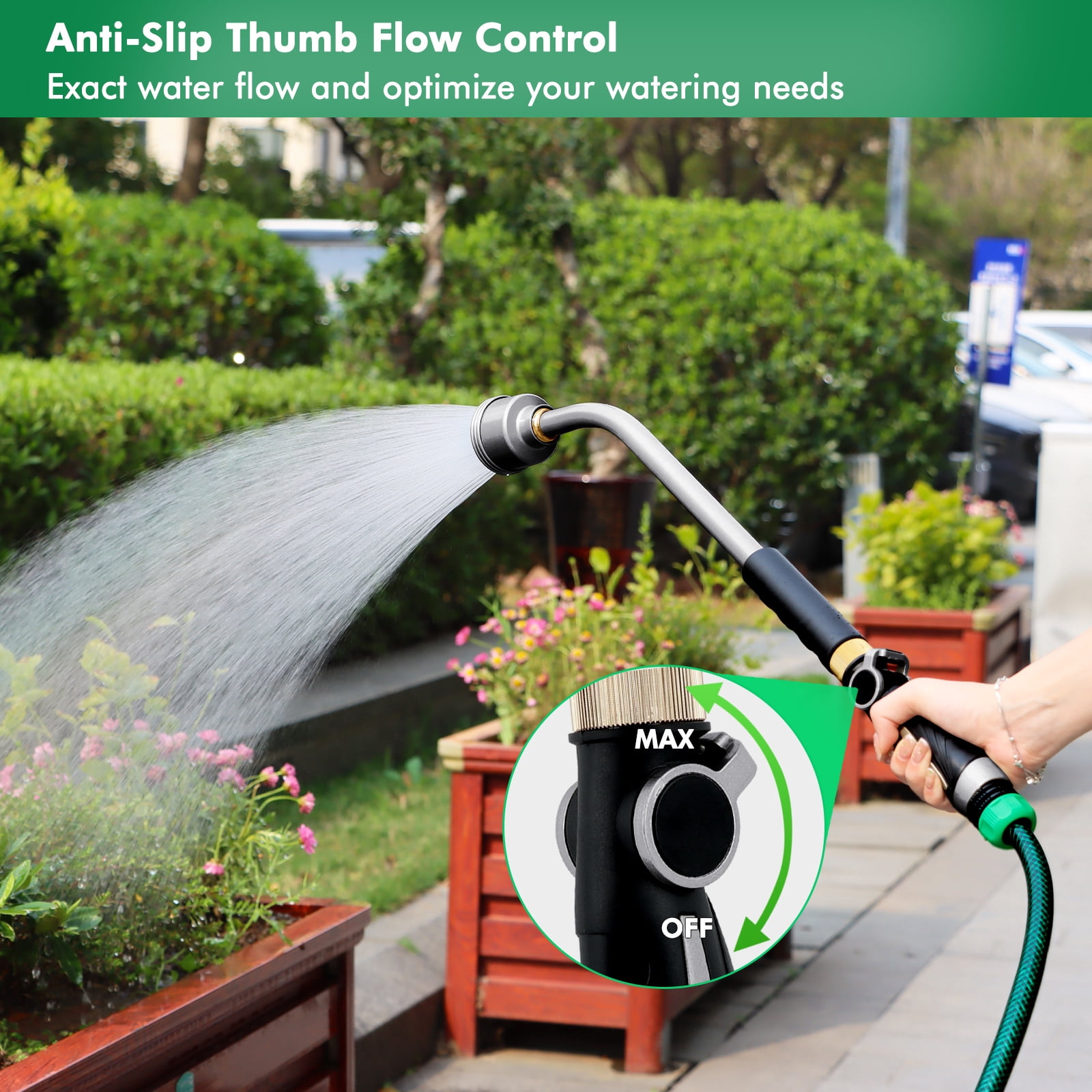 Restmo 24 Inch Metal Watering Wand, Gentle Shower Sprayer with Thumb Flow Control, Heavy Duty Garden Hose Wand for Hanging Baskets, Shrubs, Flowers, Silver