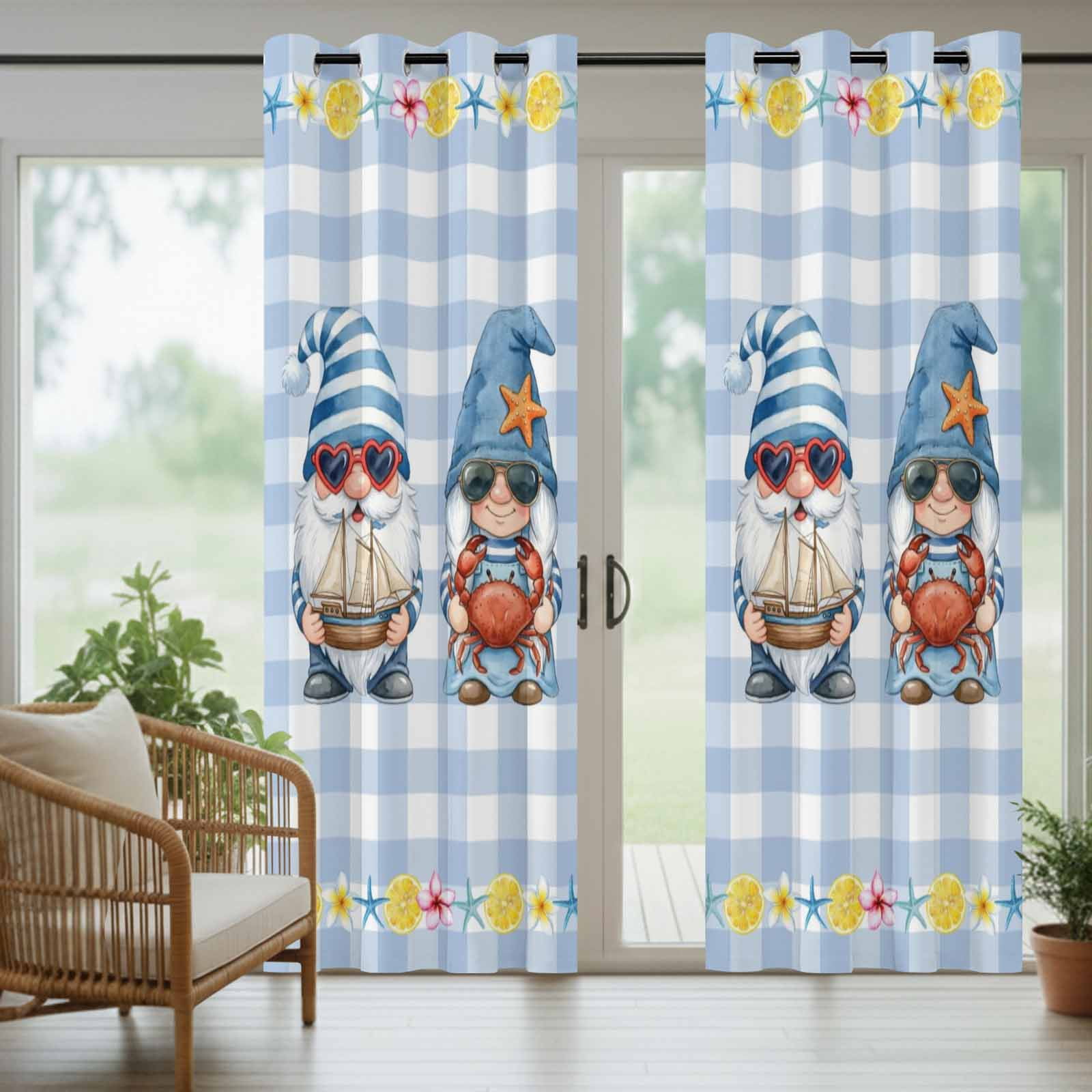Outdoor Curtains for Patio Waterproof, Summer Gnomes Nautical Windproof Pravicy Outside Porch Blackout Curtain, Blue Floral Starfish Checkered Sun Blocking Grommets Curtains for Cabana 54"x108"