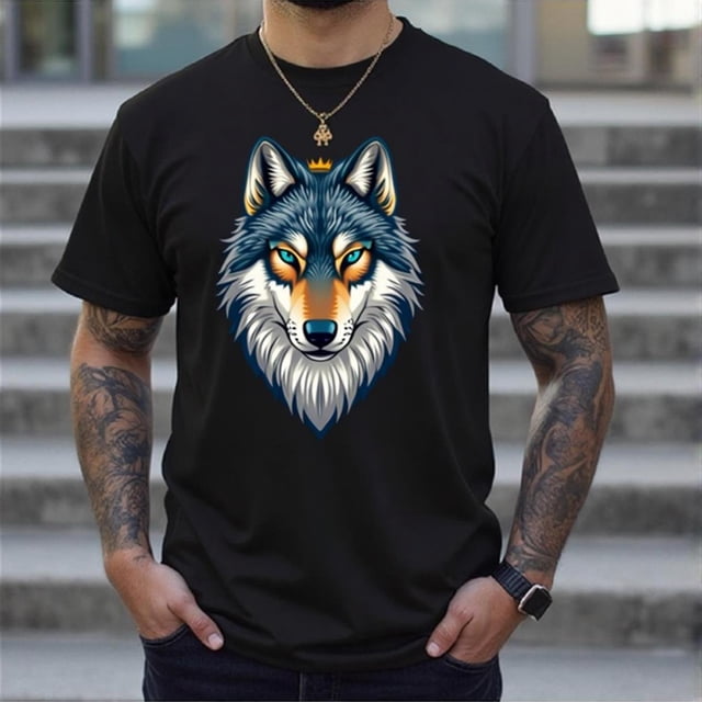 T-Shirt Graphique Tête de Loup 2D, avec Imprimé Visage de Loup, Col Rond Manches Courtes Style Décontracté de Rue, Convient au Port Quotidien et aux Fêtes, Chemise pour Homme avec Motif de Loup, Motif de Loup 2D