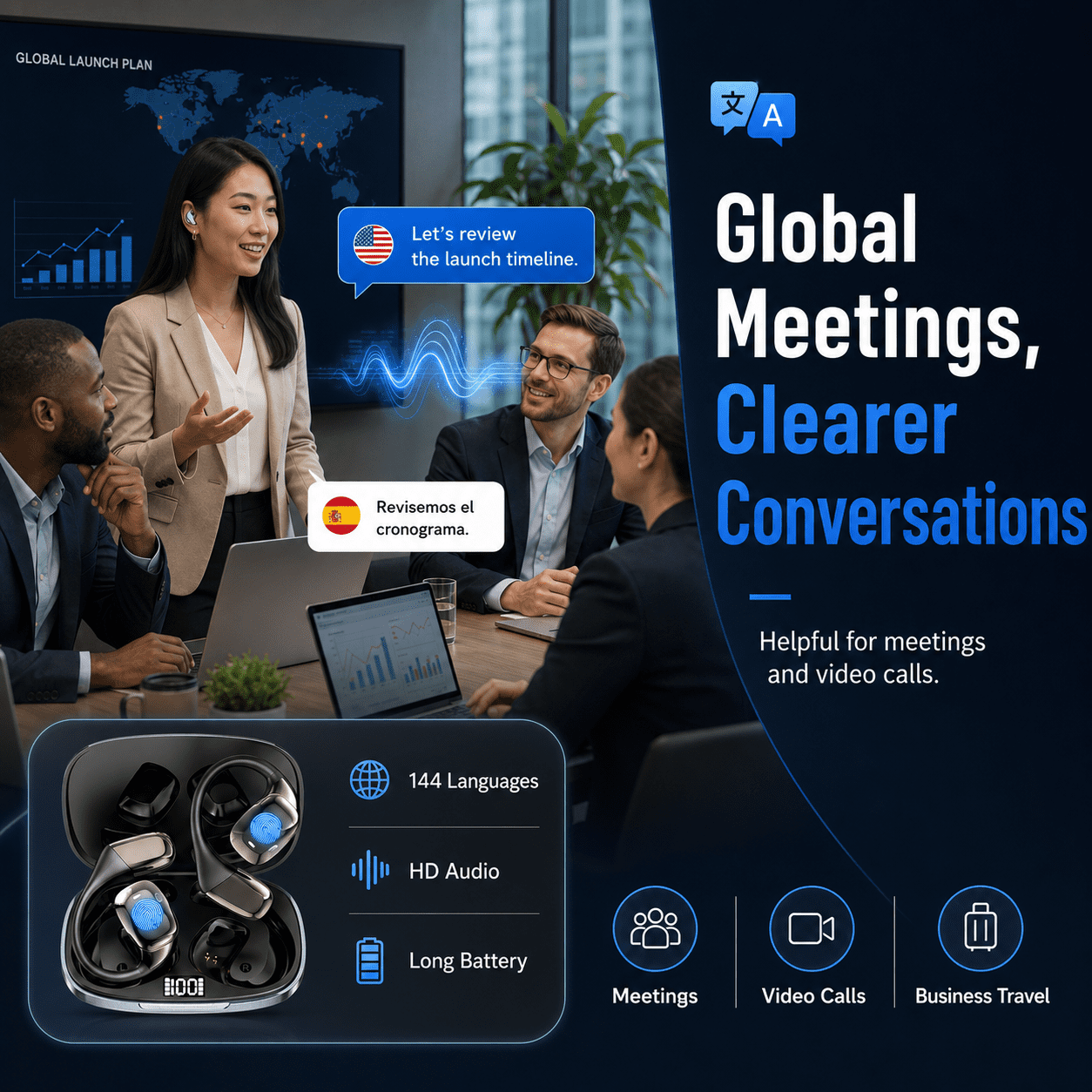 AI Language Translation Earbuds, 3-in-1 AI Translator Earbuds Real Time for 144 Languages, Wireless Bluetooth Headphones, Translator Device with APP fit IOS and Android for Travel, Business, Learning
