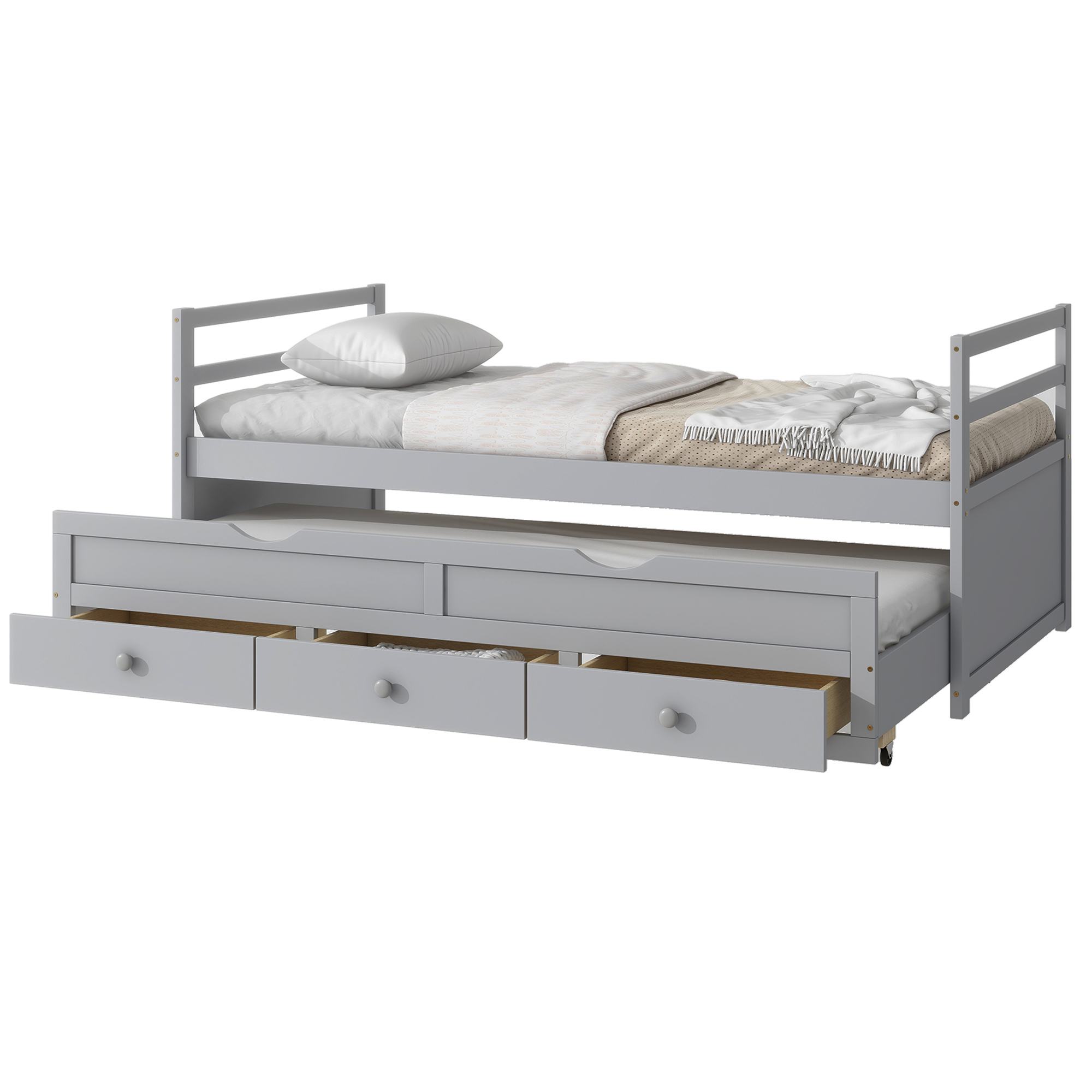 Miniyam Wood Twin Size Bed with Trundle, Storage Drawers for Kids, Gray