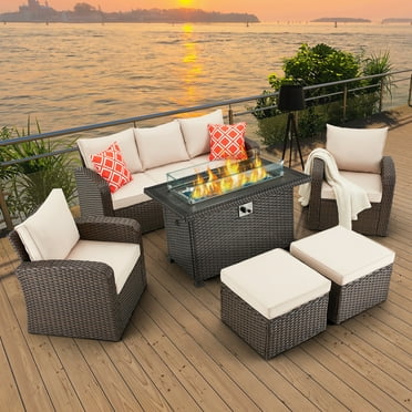 HOMREST 6 Pieces Patio Furniture Set with Fire Pit Table, Brown
