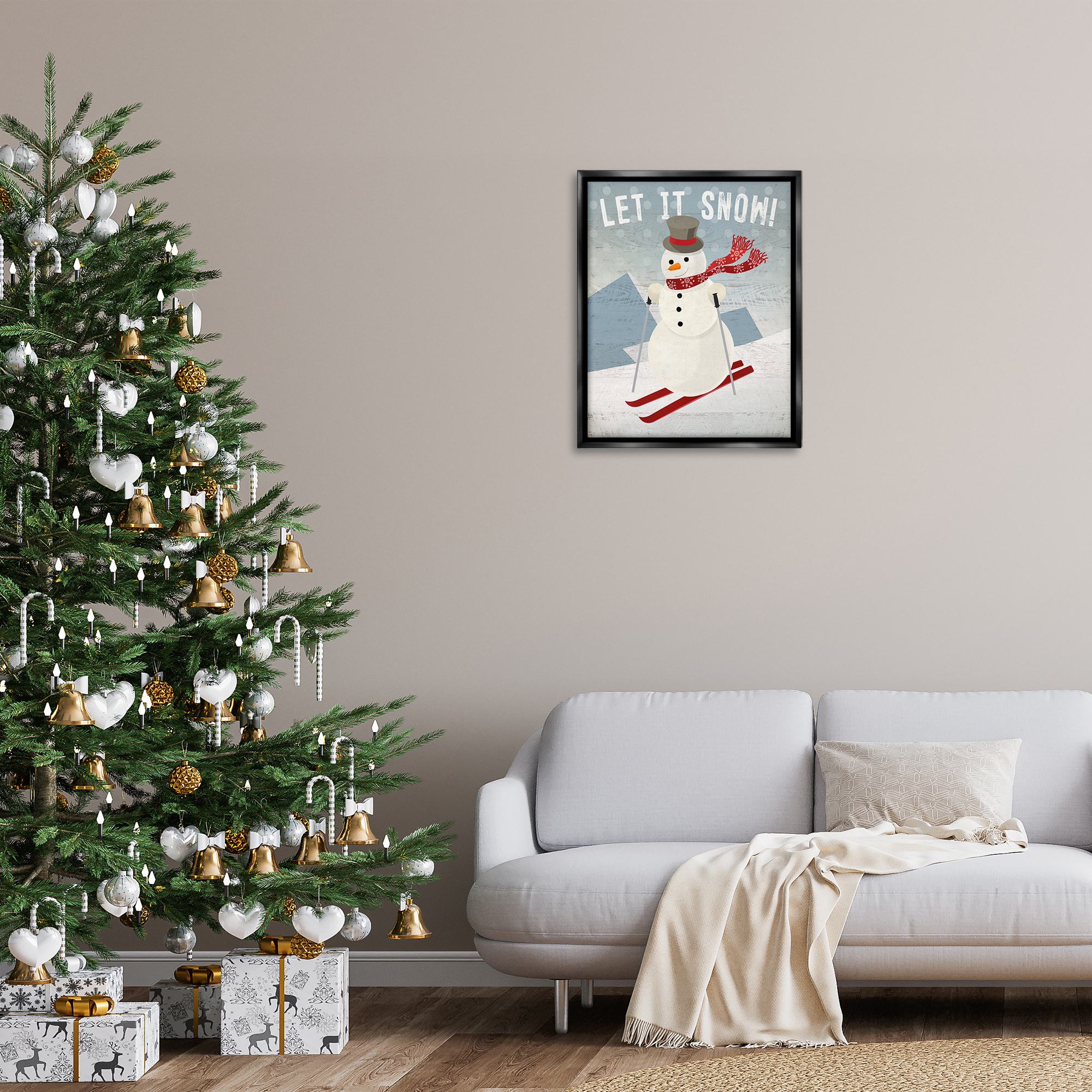 Stupell Industries Skiing Snowman on Slopes Holiday Painting Black Floater Framed Canvas Art Prints Wall Art, 25 x 31