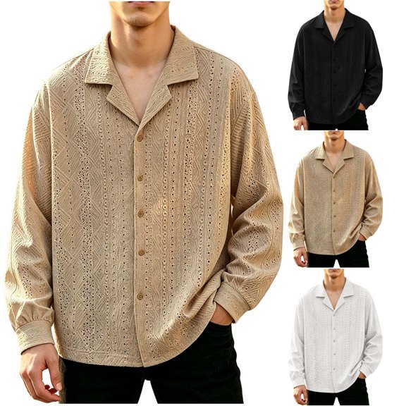 Camp Collar Shirt Men Lapel Button Front Blouse Casual Chest Pocket Loose Fit Long Sleeve Daily Tops with Relaxed Curved Hem Design Black,L
