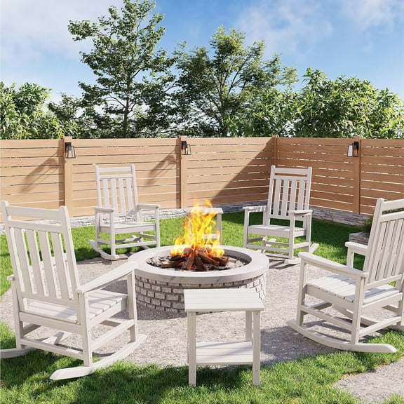 HDPE Rocking Chair Outdoor Set of 4 with 2 Side Table - Poly High Back Porch Rocker Chairs for Adults - All Weather Resistant Furniture for Patio Front Porch - White