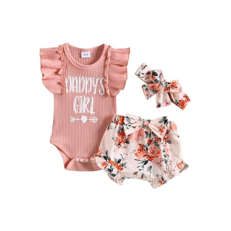 

3pcs Newborn Baby Girl Father s Day Outfits Set Short Sleeve Letter Print Romper Tops + Floral Shorts + Hairband