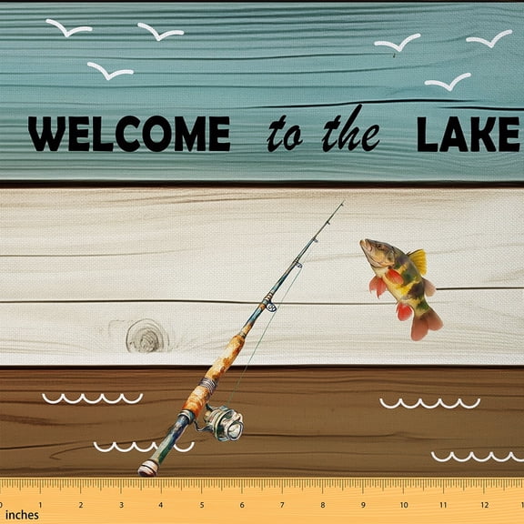 jejeloiu Fishing Rod Pike Fish Fabric by the Yard 1 Yard, Rustic Lake House Sewing Fabric, Vintage Barn Door Room Decor Fabric by the Yard, Microfiber Bedroom Decor