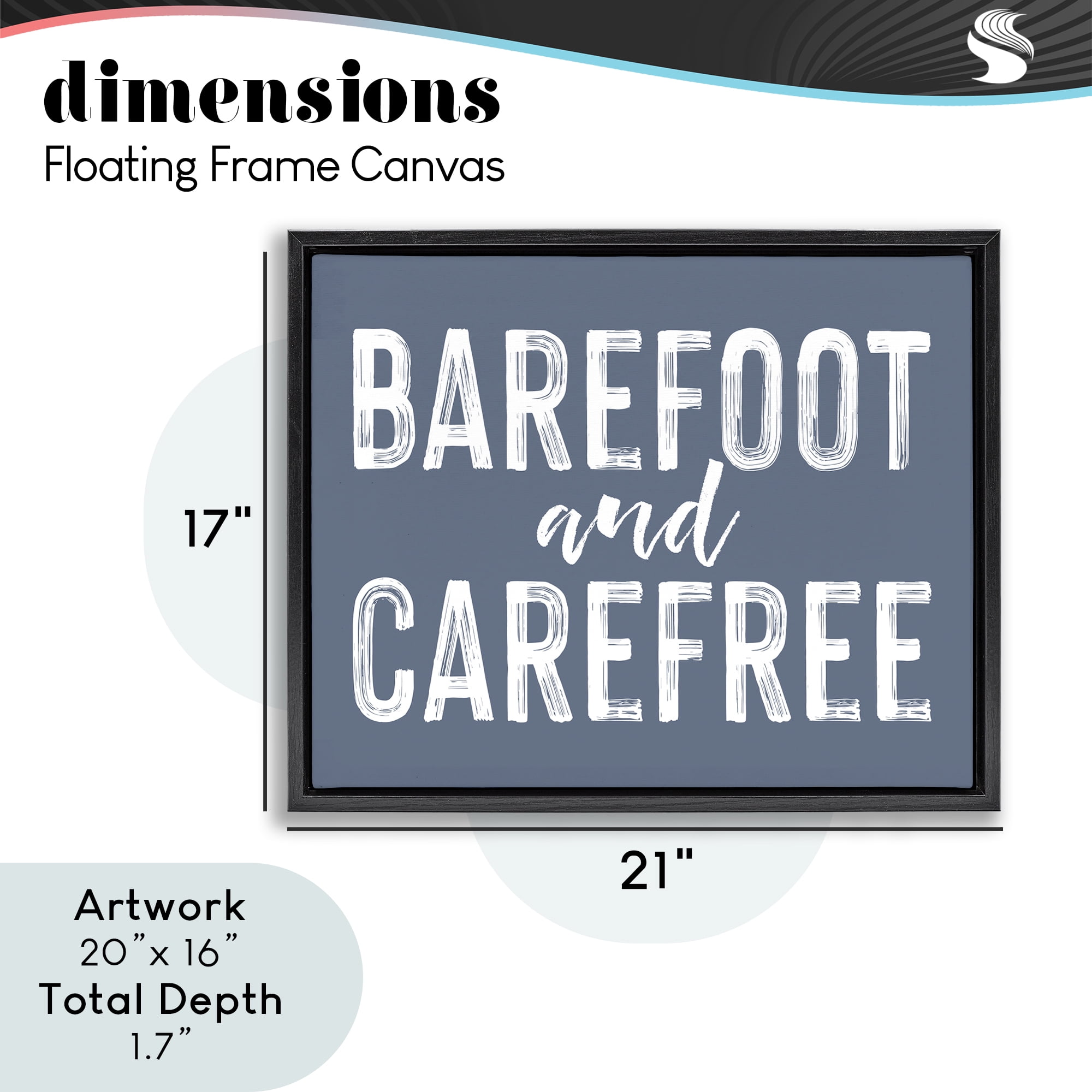 Barefoot & Carefree Blue Black Framed Floater Canvas Wall Art, design by Lettered and Lined