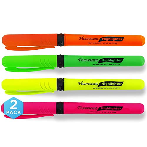 Fluorescent Highlighter, 4 Colors, Features Smooth Chisel Tip Non-Toxic Highlighter Pen Style with Cushion Grip Perfect for Office, School & Home By Emraw (Pack of 2)