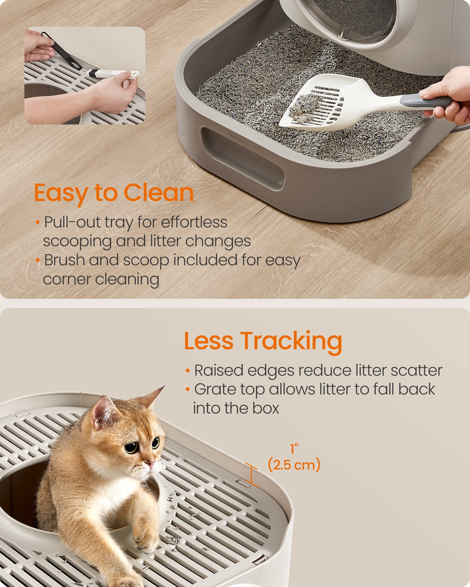 XL Enclosed Cat Litter Box with Slide-Out Tray, Includes Scoop & Brush, Anti-Tracking Design, Oatmeal & Warm Gray