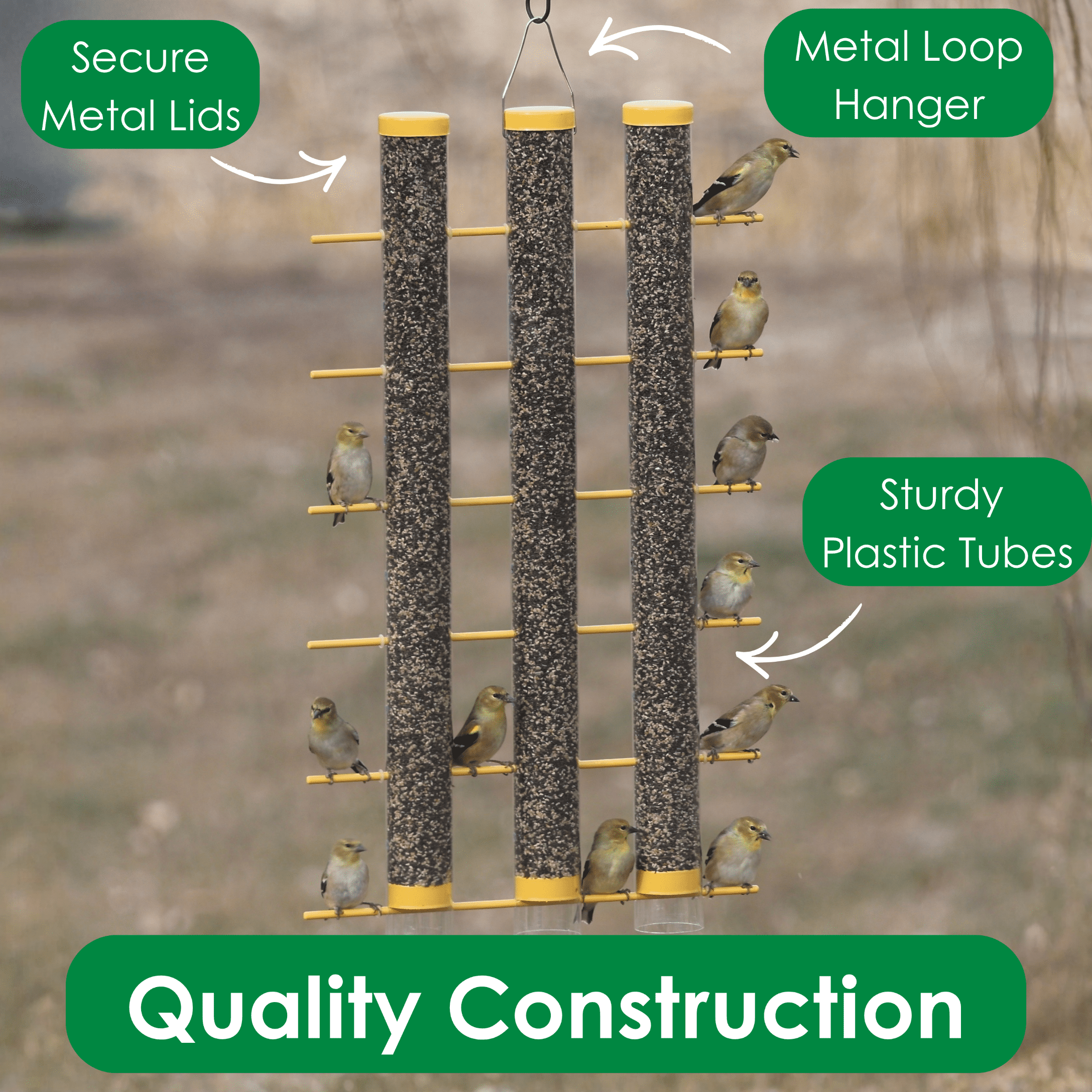 Songbird Essentials Bird Feeder Bird Seed Thistle Finch Feeder 3 Tube Yellow