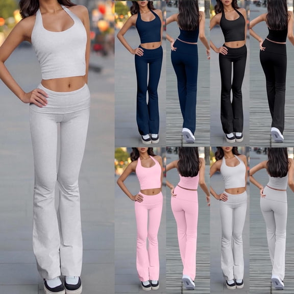 CHUMUD Two Piece Sets for Women Petite Summer Outfits Sleeveless Halter Crop Tank Tops Wide Leg Pants Matching Set Gym Workout Casual Going Out Travel