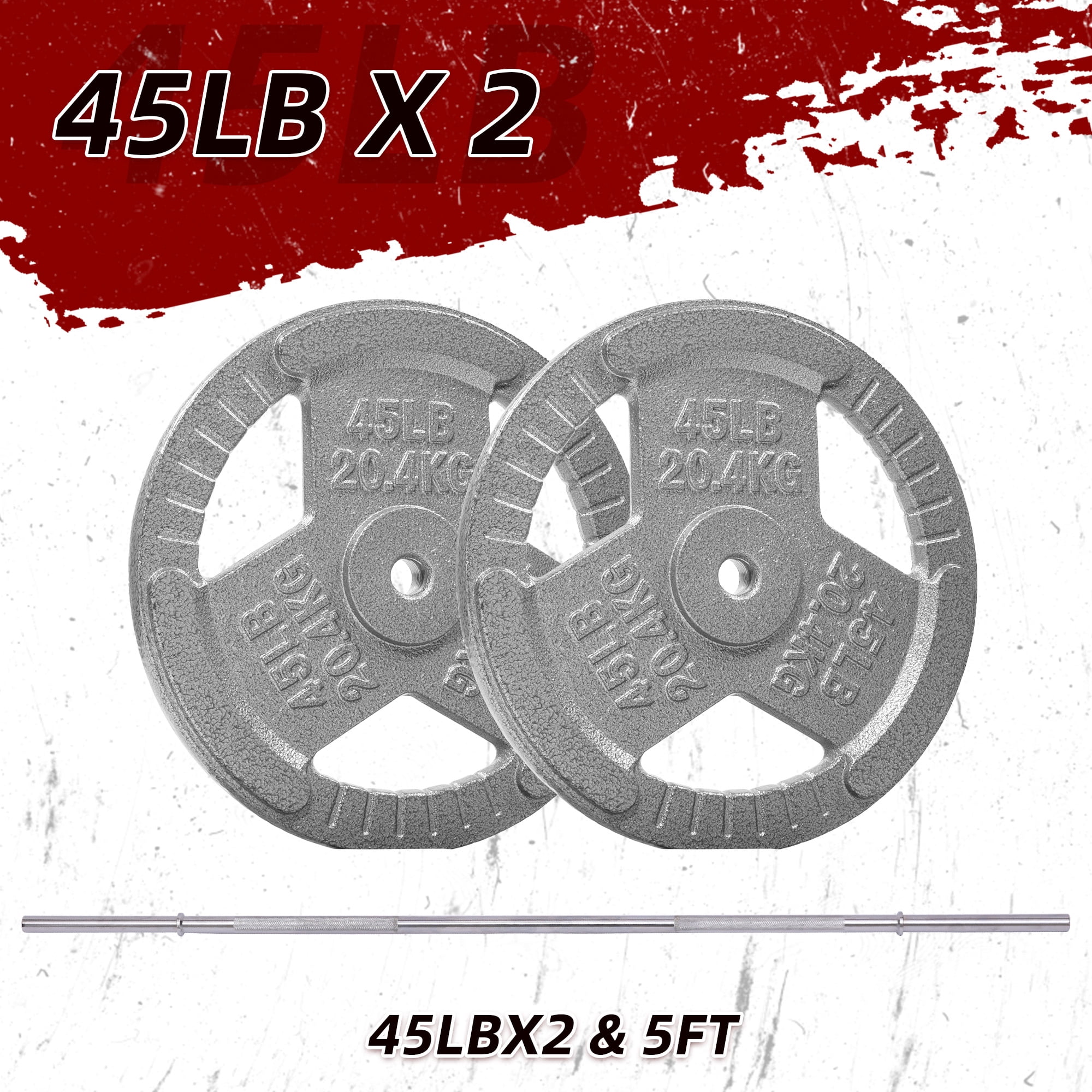 FlexWave 90LB Standard 1" Cast Iron 3-Grip Weight Plates Set, Light Gray
