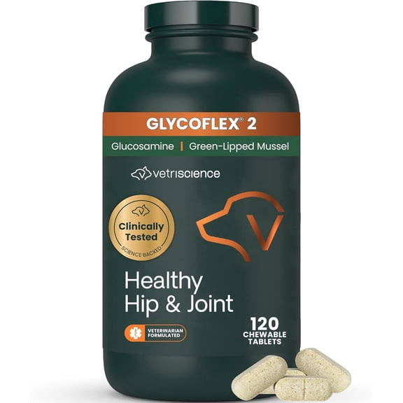 VetriScience GlycoFlex 2 Healthy Hip & Joint Chicken Flavored Chewable Tablets with Glucosamine & Green-Lipped Mussel, Supplement for Dogs, 120 Count
