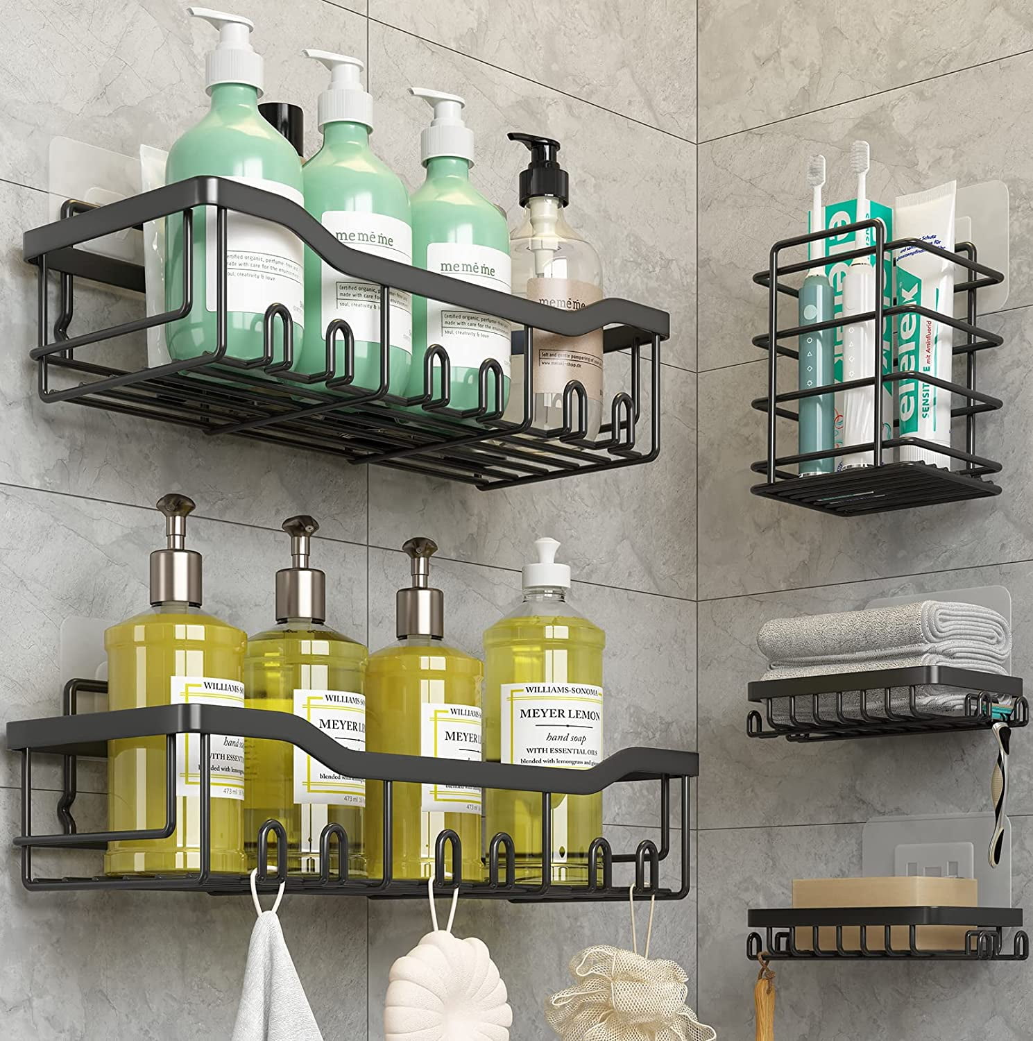 Mrqilin Shower Caddy Rack Accessories Wall Mount（ 5 Pack ）| Adhesive Shower  Shelves for Inside Shower | Black Bathroom Organizer Shower Storage 