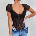 thumbnail image 2 of Body De Encaje Para Mujer, Body De Una Pieza Para Mujer, Broche De Presión En La Parte Inferior, Cuello En V Suave, Mangas Cortas, Línea De Princesa Para Citas Para Fiestas ANGGREK L Negro, 2 of 8