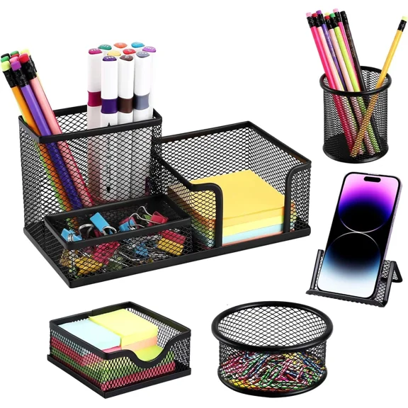 5Pcs Metal Mesh Desk Organizer Stationary Storage Stand Pen Pencil Holder Office