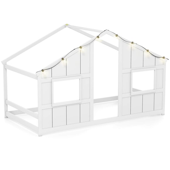 Costway Twin Size House Floor Bed with LED Lights Solid Wood Bed Frame without Slats White